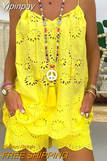 Yipinpay Two Piece Sets Women Outifits Casual V-Neck Sleeveless Camis Eyelet Embroidery Tassel Top Shorts Set 2023 Fashion Women Suit